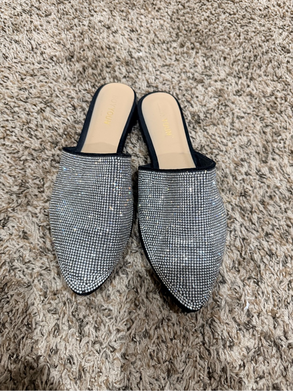 BOYYOUN Rhinestone Pointed Slip-On Flats in Silver